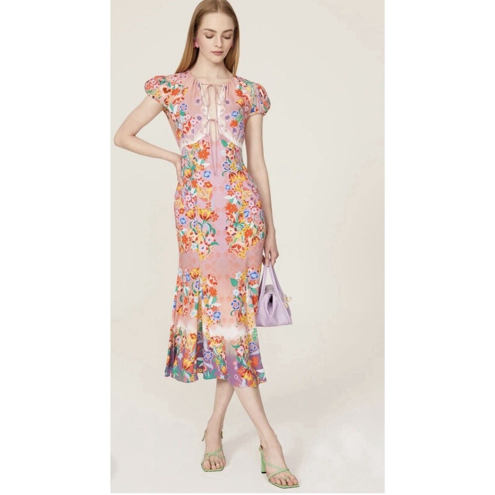 Saloni Sienna FloralLace-Up Front Crepe Midi Dress Size 12